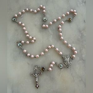 Elegant Pink Pearl Rosary Necklace